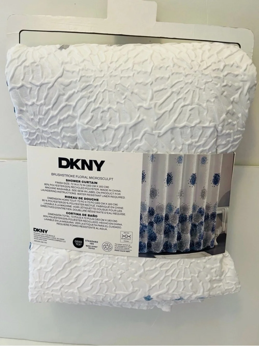 DKNY Brushstroke Floral Microsculpt Shower Curtain White Blue Gray 72” x 72”